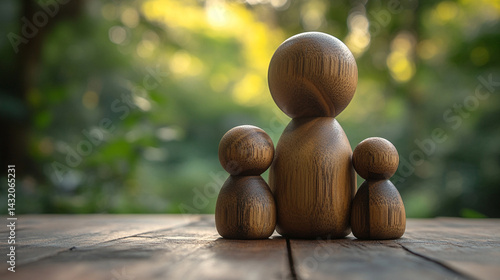 Minimal wooden sculpture of a mother embracing her children, symbolizing nurturing, family unity, and generational connection; represents demographics, population growth, and social care.

