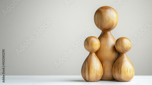 Minimal wooden sculpture of a mother embracing her children, symbolizing nurturing, family unity, and generational connection; represents demographics, population growth, and social care.

