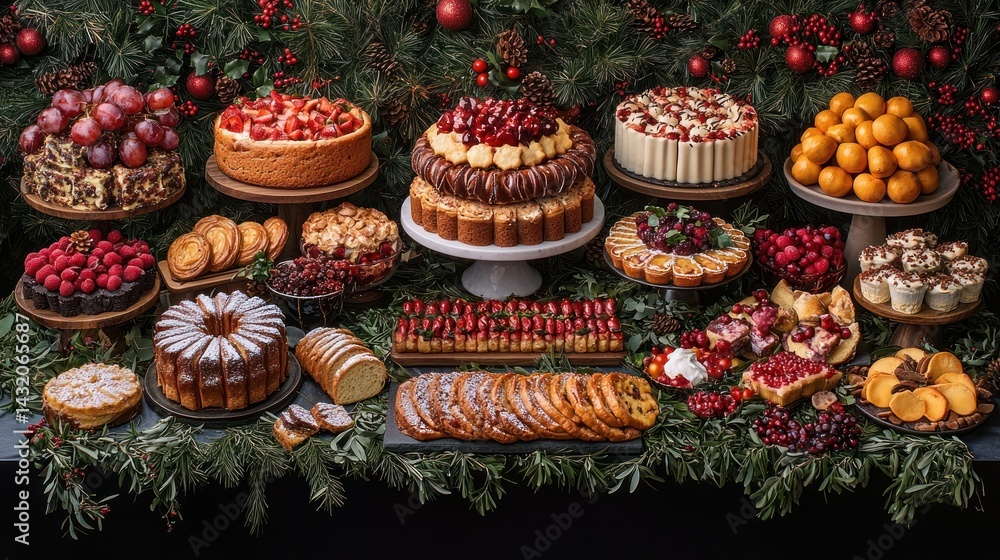 Fototapeta premium A Christmas Feast: A Lavish Display of Festive Cakes, Pastries, and Fruits