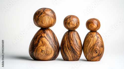 Minimal wooden sculpture of a mother embracing her children, symbolizing nurturing, family unity, and generational connection; represents demographics, population growth, and social care.


