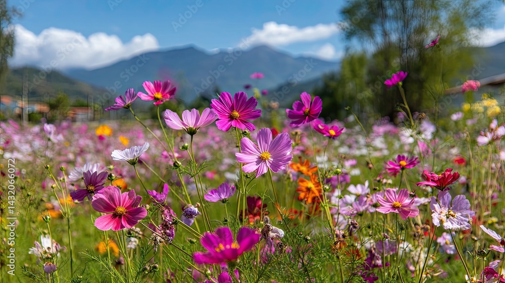 Fototapeta premium High resulation image of colorful cosmos flowers blooming in garden with blue summer sky and mountain backdrop.