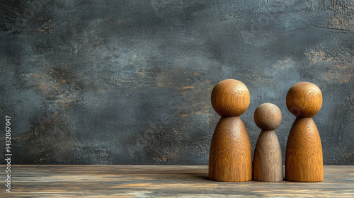 Minimal wooden sculpture of a mother embracing her children, symbolizing nurturing, family unity, and generational connection; represents demographics, population growth, and social care.

