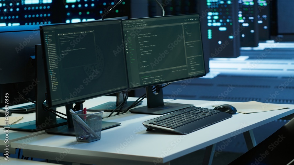 Data center workspace with networking systems installed used for managing supercomputers. Computer displays on desk in high tech server farm used for overseeing equipment Data center workspace with networking systems installed used for managing supercomputers. Computer displays on desk in high tech server farm used for overseeing equipment