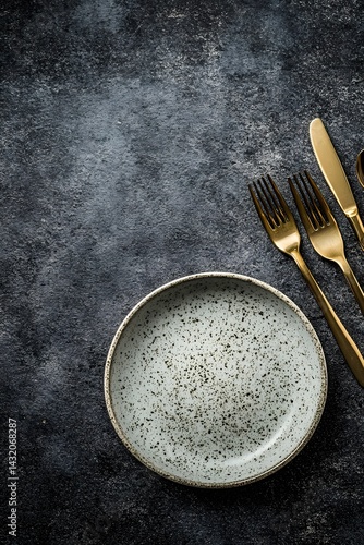 Elegant Table Setting with Speckled Bowl and Gold Cutlery on Dark Background