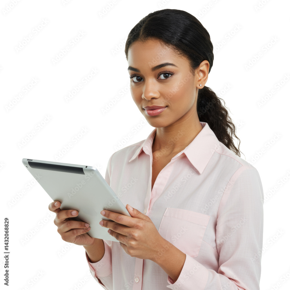 A beautiful woman holds a tablet with a smile, showcasing modern technology with a transparent background. A beautiful woman holds a tablet with a smile, showcasing modern technology with a transparent background.