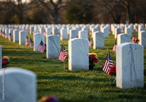 A quiet, serene scene of a military cemetery with rows of headstones and flags.