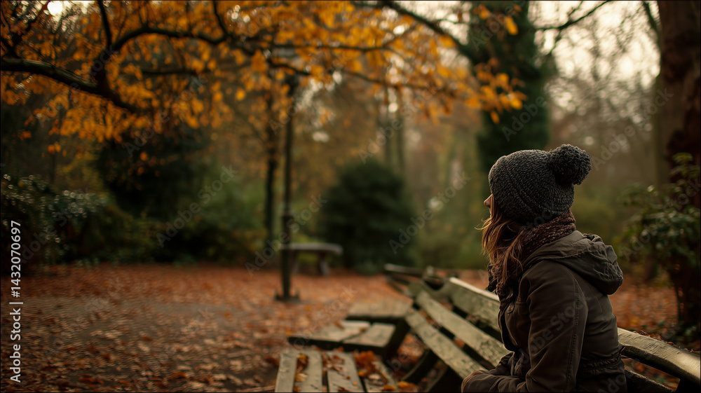 Woman on a bench enjoying the autumn foliage in a park setting, wrapped up warmly in a hat and jacket on a cool day. Woman on a bench enjoying the autumn foliage in a park setting, wrapped up warmly in a hat and jacket on a cool day.