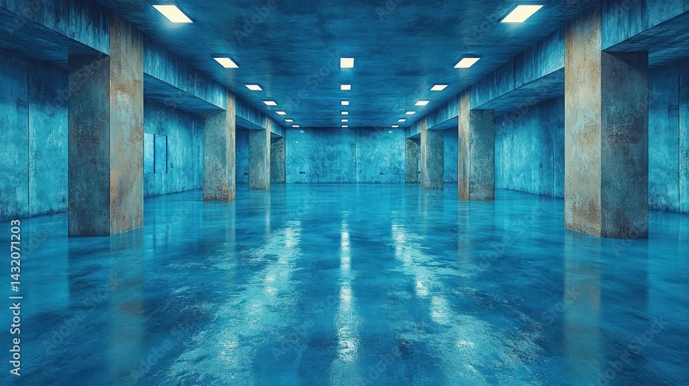 Fototapeta premium Ethereal Blue Concrete Hallway: A Stunning Architectural Visualization