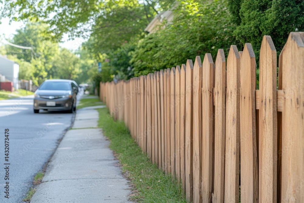 Fototapeta premium Wooden fence along sidewalk with car parked nearby on a sunny day in a quiet neighborhood
