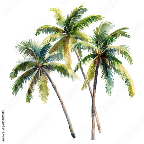 watercolor of Tropical Beach Palms, vector, isolated on a white background.