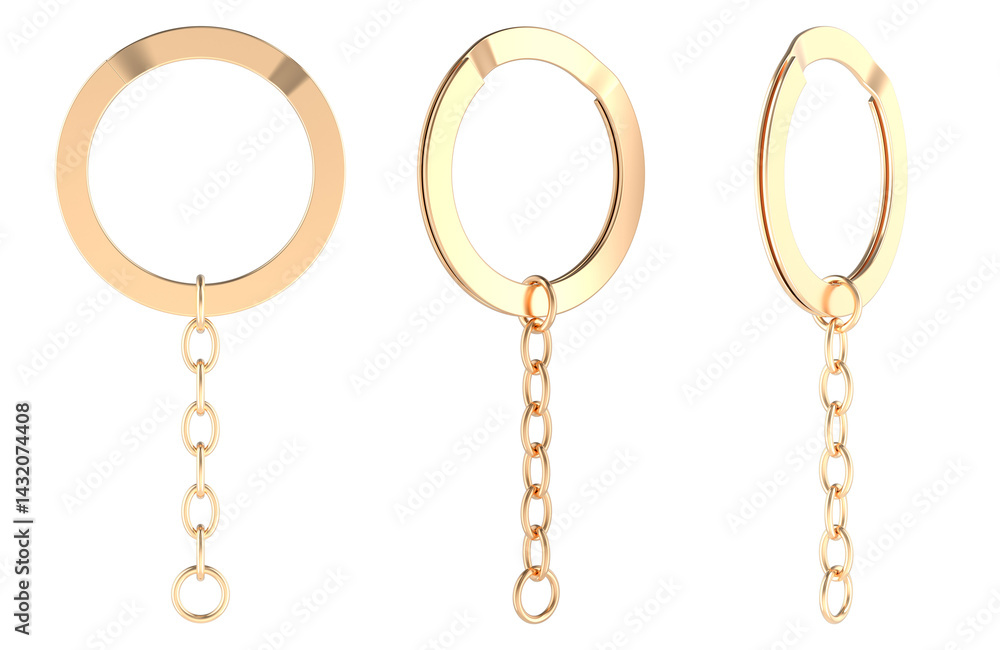 Golden Split Keyrings with Chain Keychain Ring, different views. 3D rendering isolated on transparent background