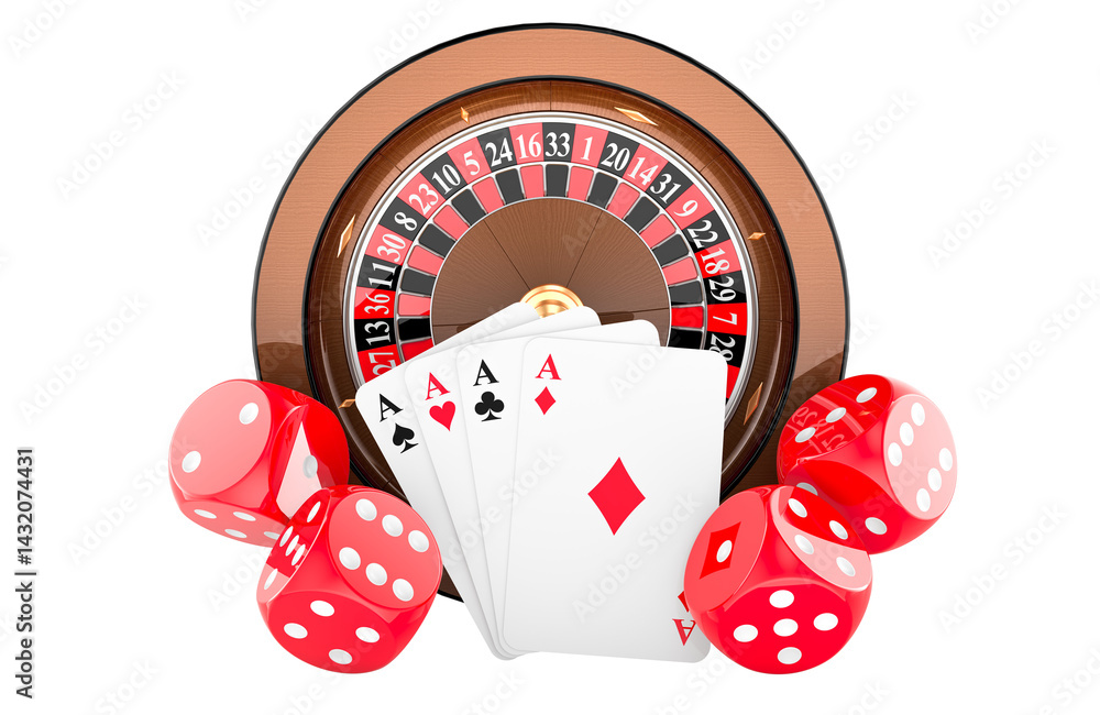 Casino roulette with cards and red dice. Casino, gambling and entertainment concept. 3D rendering isolated on transparent background