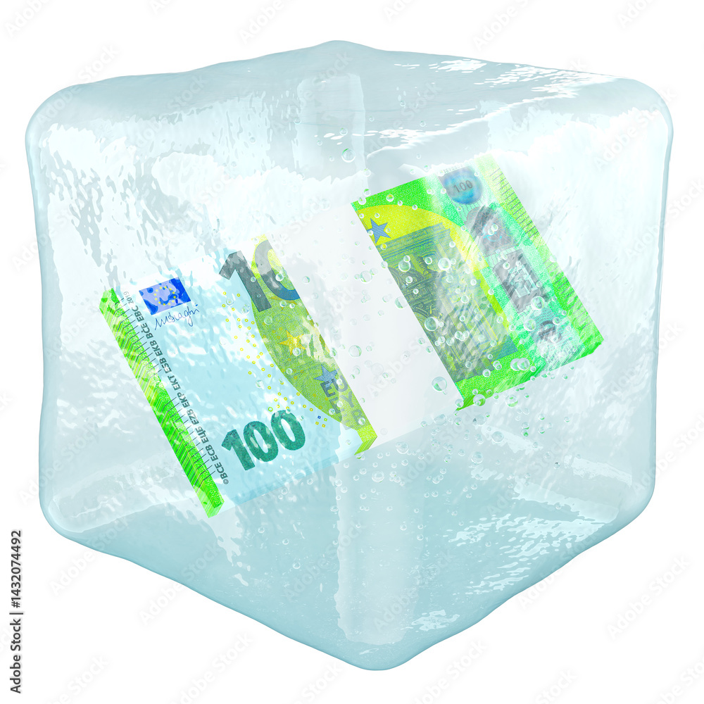 Euro pack frozen in ice cube. Frozen Account, concept. 3D rendering isolated on transparent background