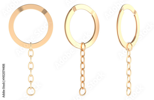 Golden Split Keyrings with Chain Keychain Ring, different views. 3D rendering isolated on transparent background