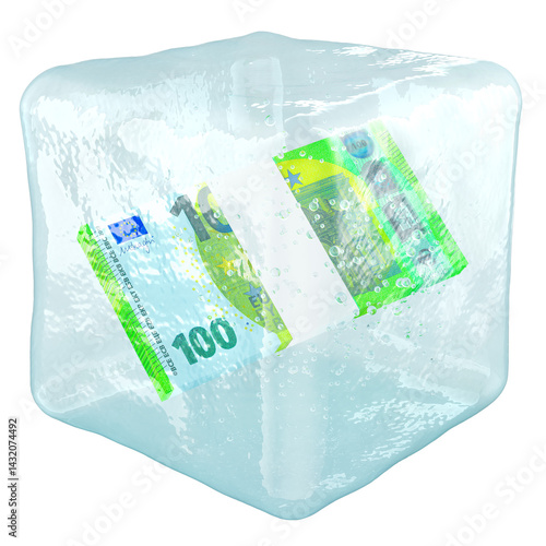 Obraz na płótnie Euro pack frozen in ice cube. Frozen Account, concept. 3D rendering isolated on transparent background w salonie