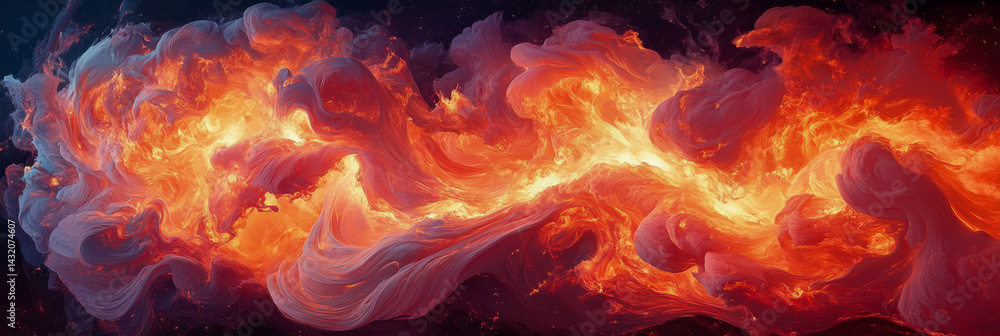 Fototapeta premium Inferno cloudscape: Abstract fiery flames and swirling smoke in deep space, backdrop for fantasy art, poster, or dramatic background