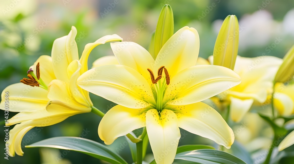 Stunning Pastel Yellow Lilies Blooming in Garden Stunning Pastel Yellow Lilies Blooming in Garden