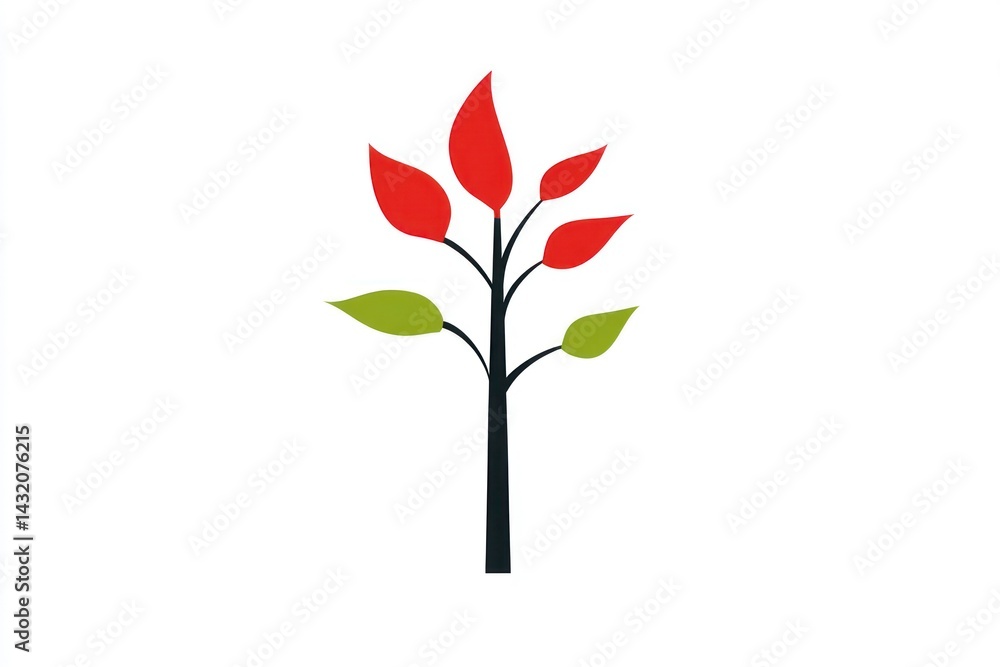 Obraz premium Abstract Tree Design with Vibrant Red and Green Leaves Minimalist Artwork for NatureThemed Pr