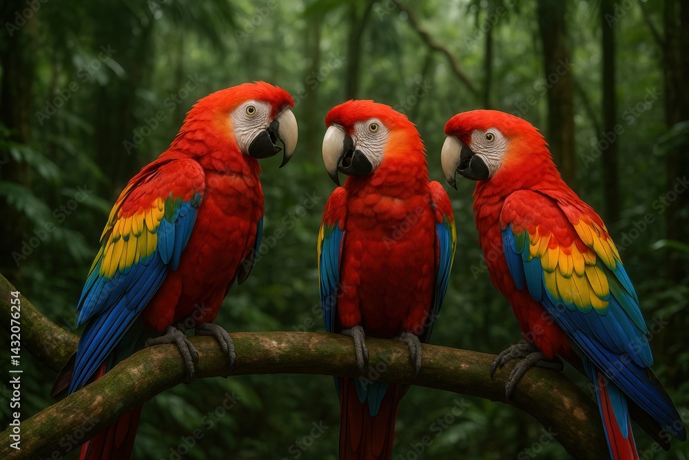 Fototapeta premium Three Scarlet Macaws Perching on Branch in Lush Rainforest