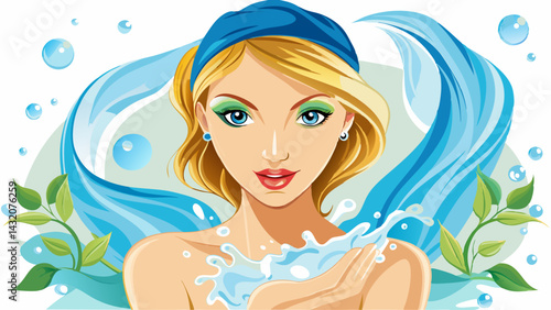 A beautiful Portrait woman with clear and fresh skin, washing her face with water on a white background