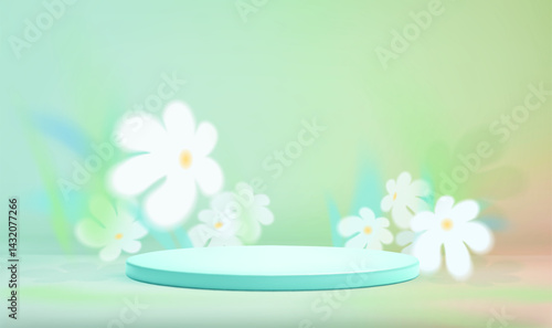Green studio room with podium and abstract flowers. Summer promotion background. Sale template stage platform for product season presentation. Chamomile bg. Soft gradient vector mesh illustration