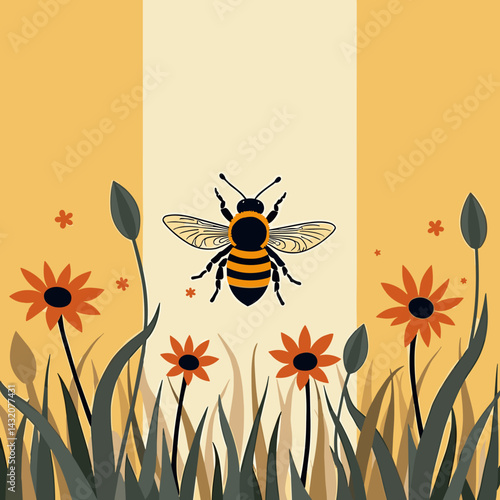 Bee flying among colorful flowers in a vibrant garden  