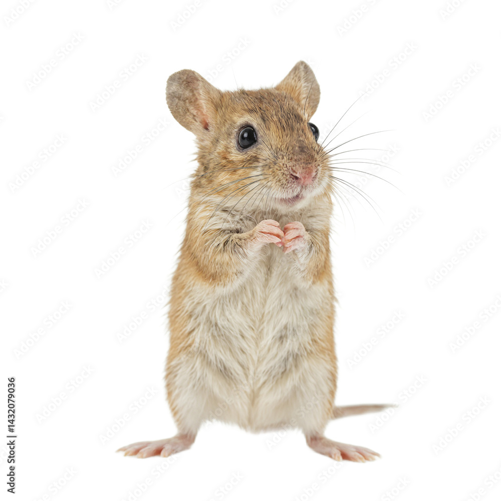 Isolated soft brown field mouse standing on hind legs Isolated soft brown field mouse standing on hind legs
