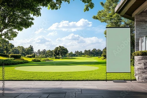  Pull-up banner mockup at scenic golf club with lush green fairway and bright blue sky for promotional display