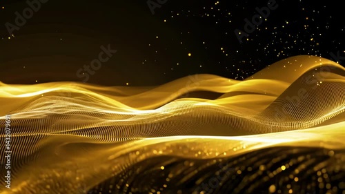 Abstract golden waves flowing against black starry background. The luminous particle formations undulate smoothly across the frame while maintaining their elegant ribbon-like structure throughout