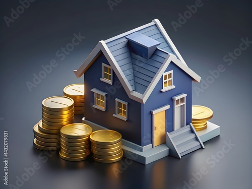 Wallpaper Mural 3D Blue House Model with Gold Coins for Real Estate Investment Property Savings and Financial Growth in Home Ownership Design Torontodigital.ca