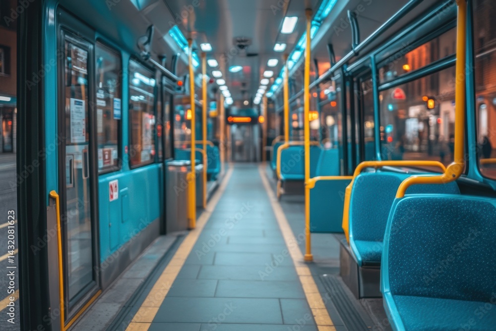 Obraz premium Empty city tram interior at night with illuminated lights and teal seating