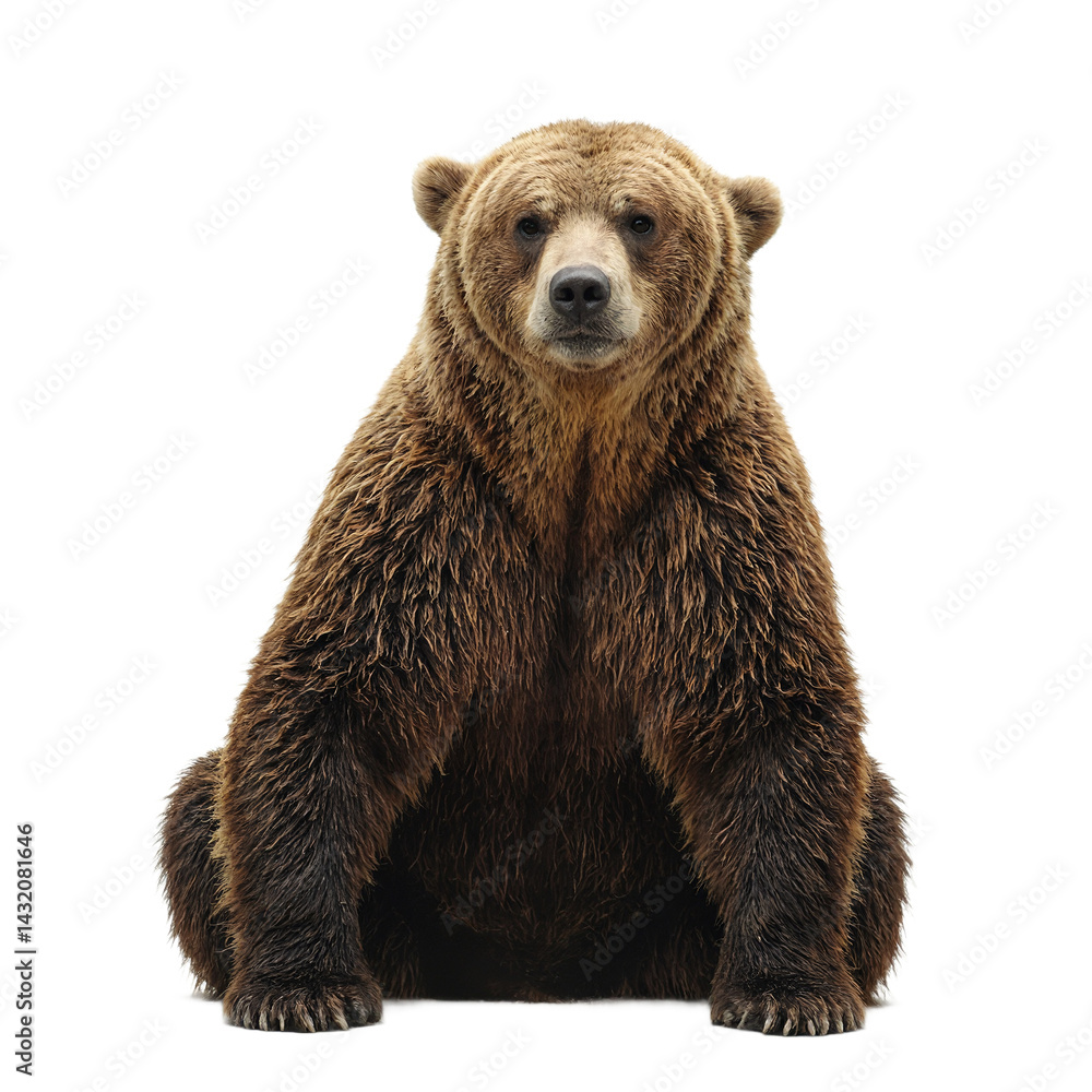 Fototapeta premium Isolated rugged grizzly bear sitting heavily centered