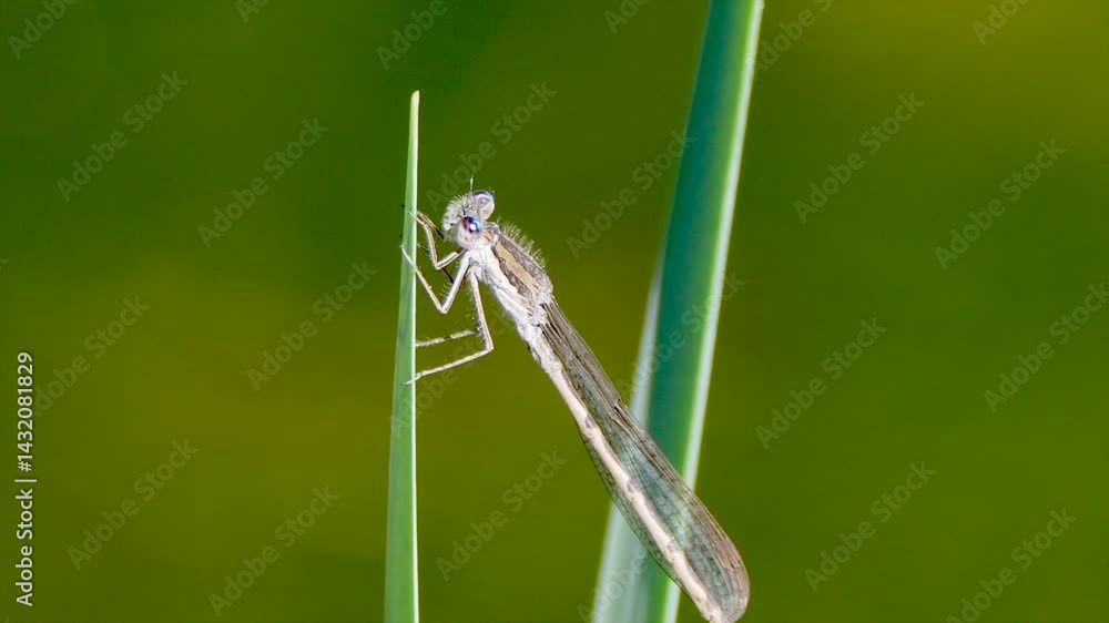 Closeup of a common winter damselfly vertically perching on a green plant leaf on a sunny day Closeup of a common winter damselfly vertically perching on a green plant leaf on a sunny day