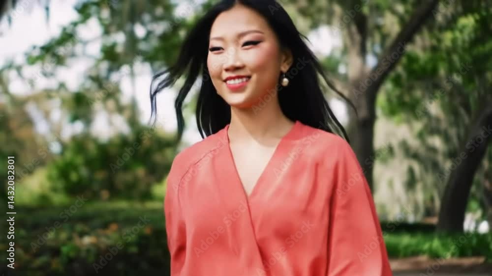 Portrait of asian woman in coral dress walking in garden landscape view video 4k Portrait of asian woman in coral dress walking in garden landscape view video 4k