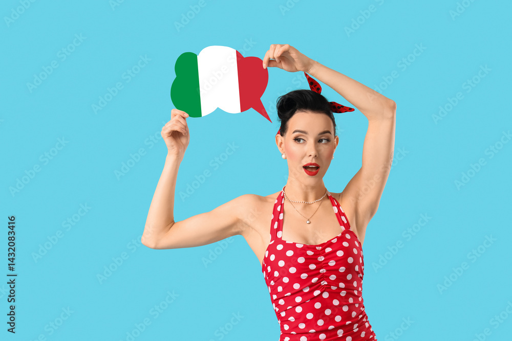 Young pin-up woman with blank speech bubble on blue background Young pin-up woman with blank speech bubble on blue background