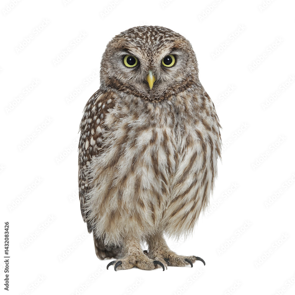 Fototapeta premium Isolated round spotted owl perching upright on white background