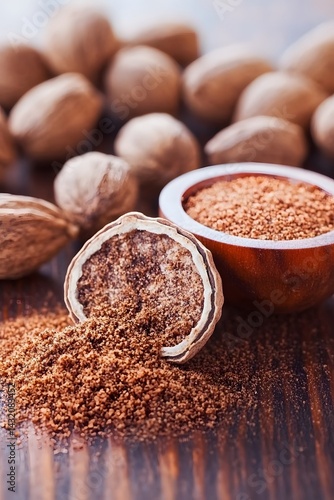 Closeup Ground Nutmeg Spice Powder and Whole Nutmeg Seeds on Wooden Surface