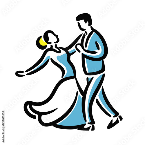 Ballroom dancers in a tango pose on a simple white background for artistic dance illustration