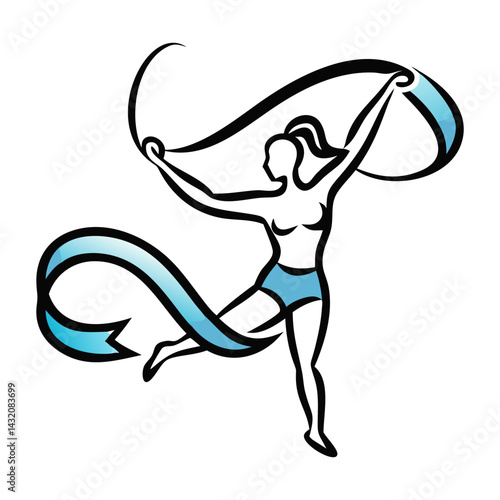 Rhythmic gymnast performing with a ribbon on a simple white background for artistic illustration
