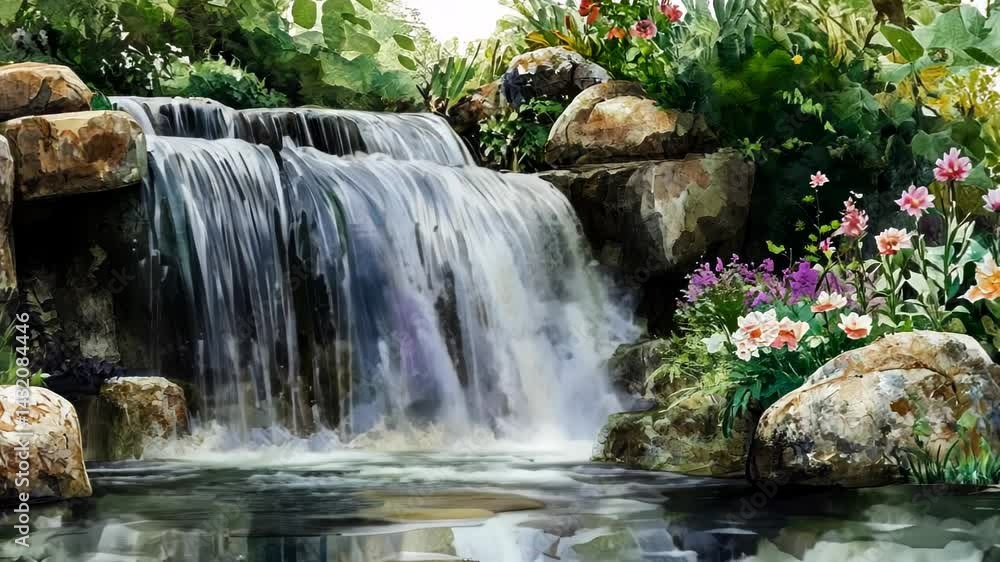 Waterfall flowing gracefully, surrounded by flowers and lush greenery, background Waterfall flowing gracefully, surrounded by flowers and lush greenery, background