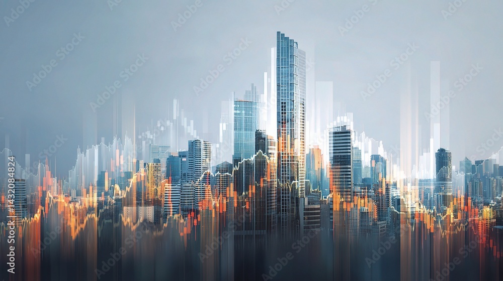 Fototapeta premium Abstract Financial Graph with Layered Lines and City Background