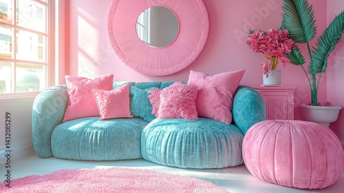 Pink and Teal Living Room Interior Design: Plush Velvet Sofa, Fluffy Pillows, and Round Mirror