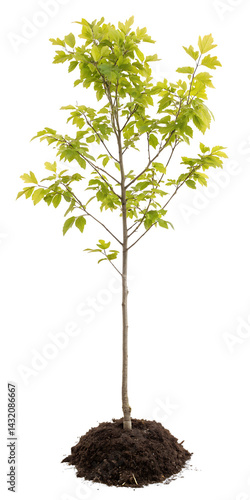 Young green maple tree sapling newly planted isolated on white background