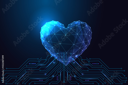 Digital heart and circuit board connection symbolizes AI emotion or health tech, vector illustration