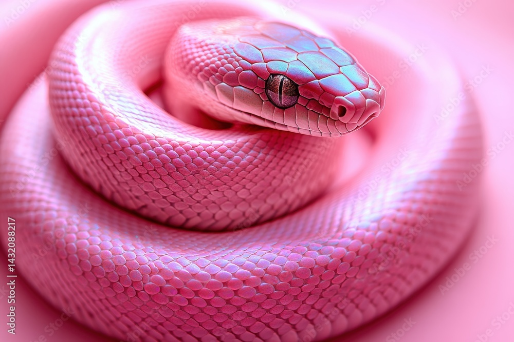 Fototapeta premium Coiled iridescent pink snake with smooth shiny scales resting in a vibrant environment