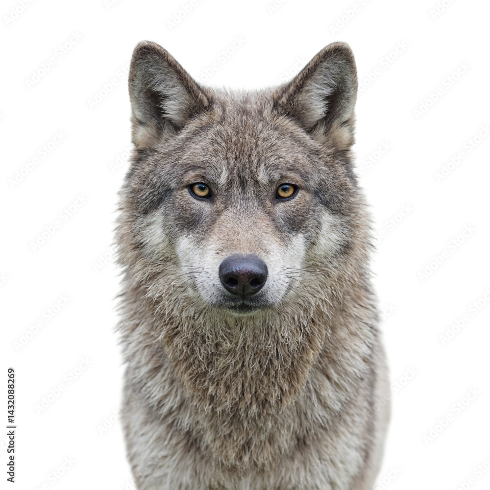 Fototapeta premium Isolated gray wolf with intense gaze on white background