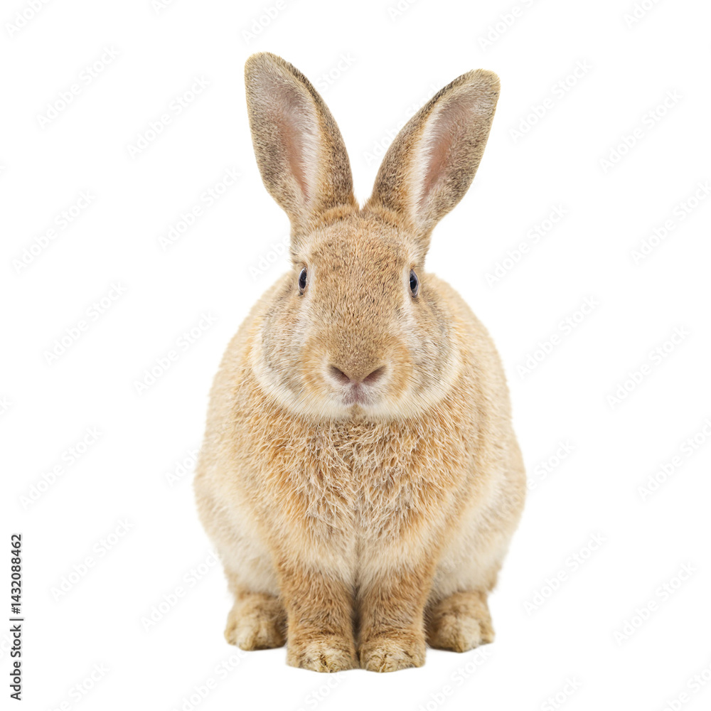 Fototapeta premium Soft brown rabbit sitting with ears upright isolated on white
