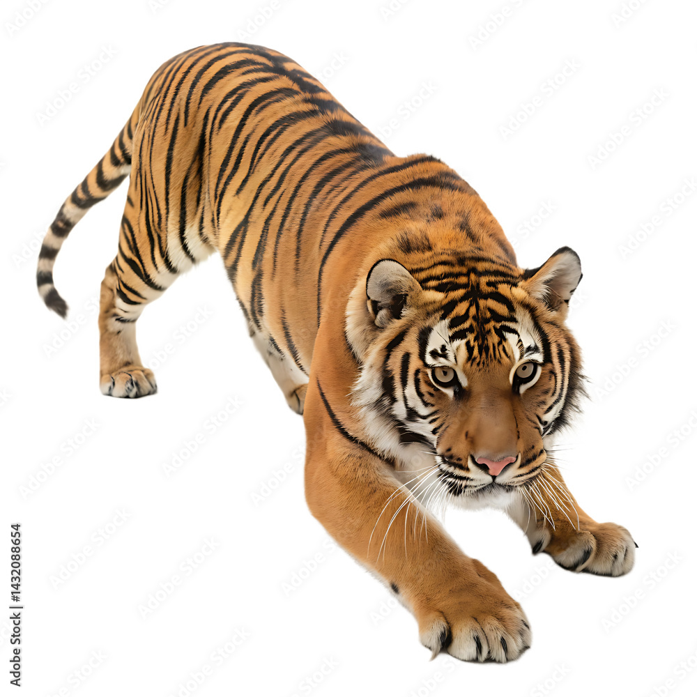 Naklejka premium Bengal tiger crouching showing strength and determination ready to pounce isolated on white background