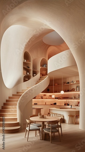 Sculptural staircase & curved walls in a light wood & beige interior