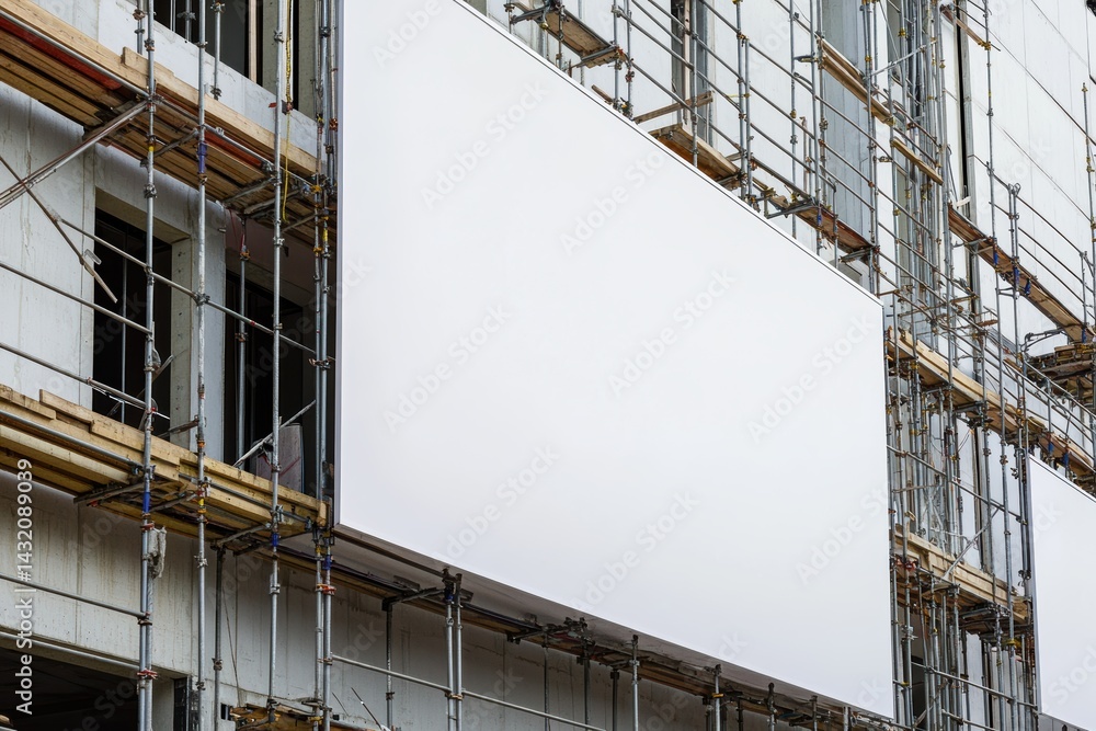 Fototapeta premium Blank white advertisement displayed on scaffolding during building construction in urban area